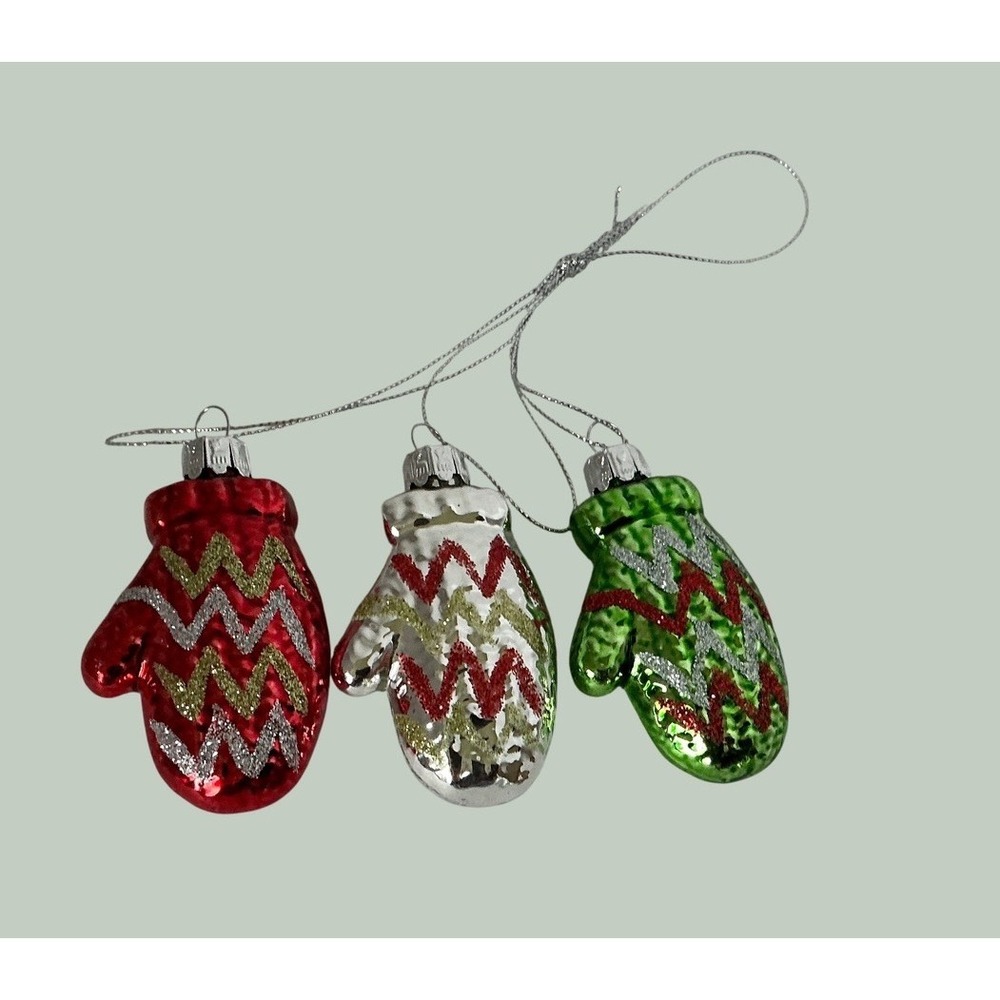 Glass Mitten Christmas Ornaments Glitter Chevron Red Green Silver Set of 3 Small